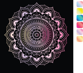 a colorful mandala with a pink and black background.