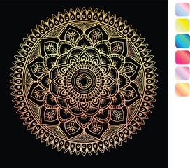 a colorful mandala with a pink and black background.