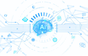 Obraz premium Futuristic image showing AI technology interface with glowing blue graphics and icons. Isolated on white background. concept of artificial intelligence