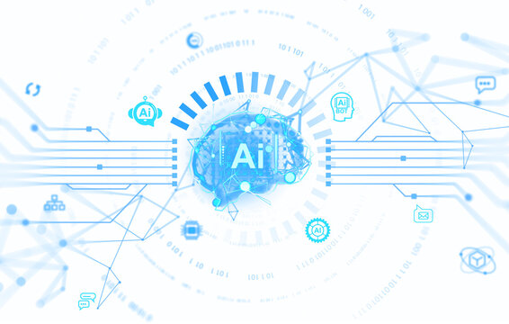 Futuristic image showing AI technology interface with glowing blue graphics and icons. Isolated on white background. concept of artificial intelligence