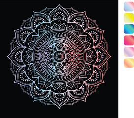 a colorful mandala with a pink and black background.