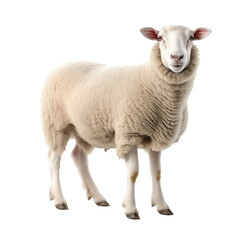 Fototapeta premium Fluffy White Sheep Standing On White Background Looking Forward