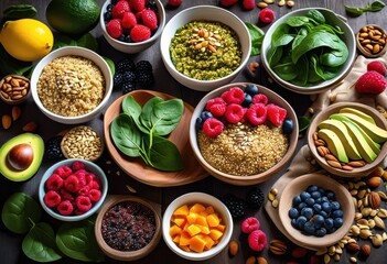 colorful bowls filled nutritious superfoods including seeds healthy meal, avocado, quinoa, spinach, berry, greens, fruit, vegetable, vibrant, ingredient