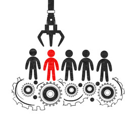 Group ofstick figures with a red one being selected by a robotic claw  Isolated on white background. concept of individuality