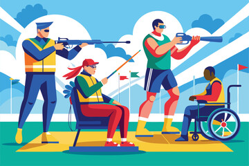 Fototapeta premium A vibrant depiction of athletes at a shooting event, each engaged in their unique sport outdoors, Customizable illustration of a disproportionate palm tree.