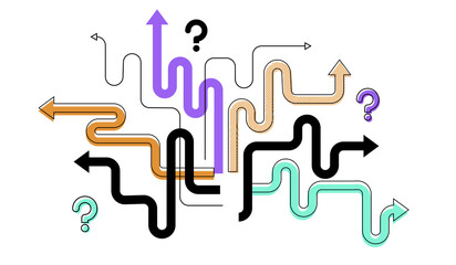 Colorful abstract arrows in different directions, with question marks, on abackground. Concept of decision-making paths