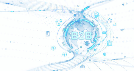 Glowing digital B2B icons surrounding a globe. Isolated on white background. Concept of business-to-business technology and commerce