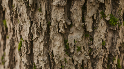 Obraz premium Close-up of Textured Tree Bark with Green Moss