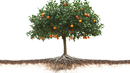 A fruit tree with visible roots, fully isolated and centered on a Tranparent background, PNG file