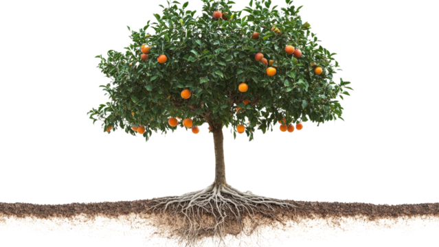 A fruit tree with visible roots, fully isolated and centered on a Tranparent background, PNG file