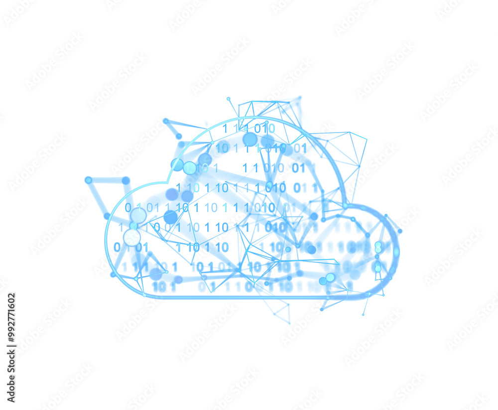 Poster digital cloud with binary code and network connections, glowing blue lines. isolated on white backgr