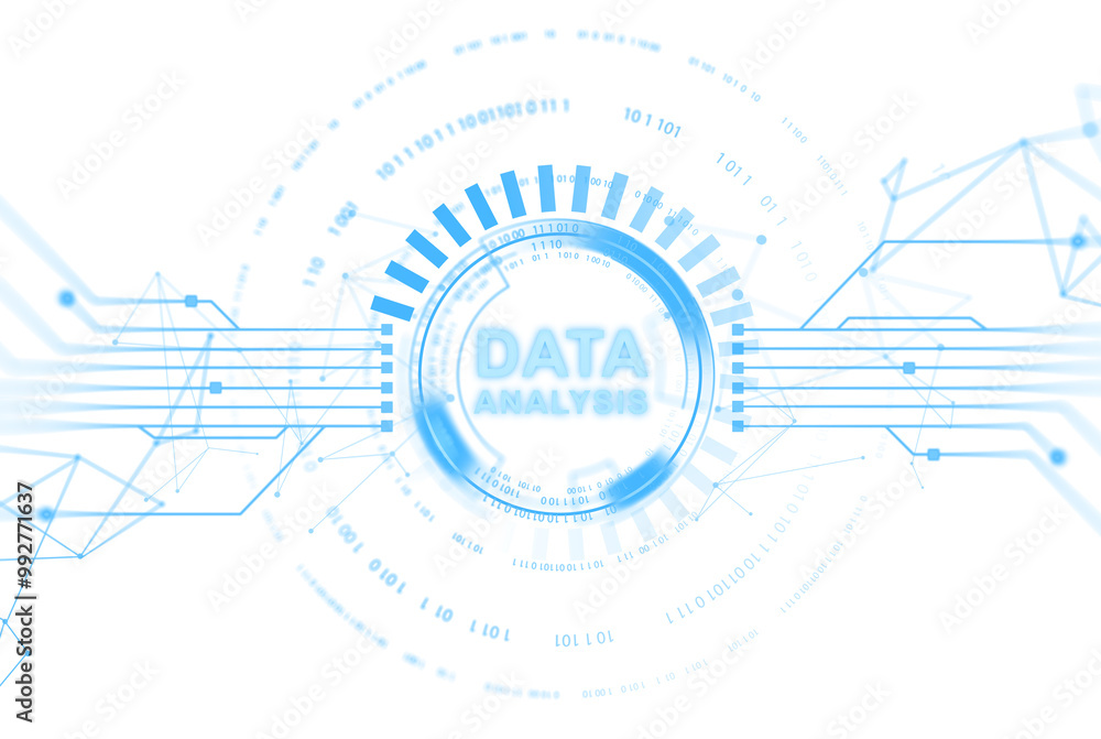 Aufkleber futuristic digital interface with data analysis text, blue neon elements. isolated on white backgrou