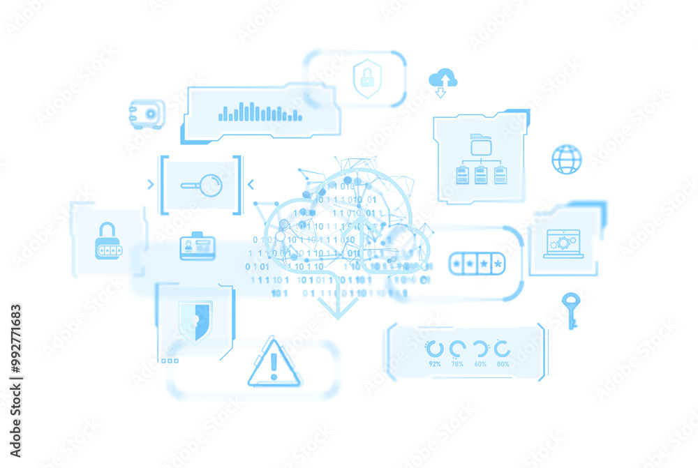 Poster cloud computing and cybersecurity icons with data flow in a digital graphic style. isolated on white