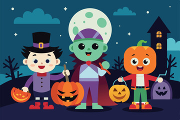 Three children dressed as a vampire, a monster, and a pumpkin carry festive jack-o'-lanterns on Halloween night, Customizable illustration of disproportionate trick or treat