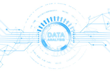 Obraz premium Futuristic digital interface with Data Analysis text, blue neon elements. Isolated on white background. concept of technology and analytics