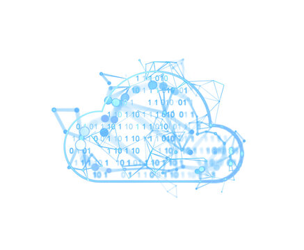 Digital cloud with binary code and network connections, glowing blue lines. Isolated on white background. concept of data storage and technology