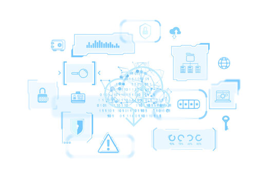 Cloud computing and cybersecurity icons with data flow in a digital graphic style. Isolated on white background. Concept of data protection and digital security