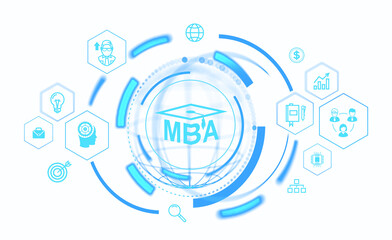 MBA concept with blue icons and graphics. Isolated on white background. Focus on business, management education, and related skills