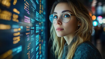 A businesswoman checks electronic documents on a digital screen, illustrating the efficiency of a paperless document management system.