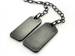 Fototapeta premium A pair of black dog tags on a chain on a white background