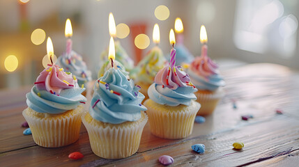 birthday cupcake with candles, Tasty Birthday cupcakes with burning candles on table.