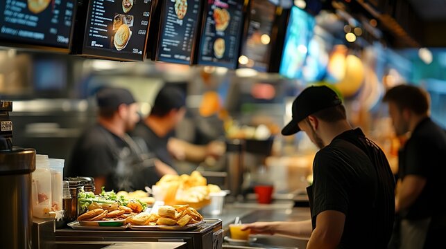 A busy fast food restuarent counter with employees selling fast food