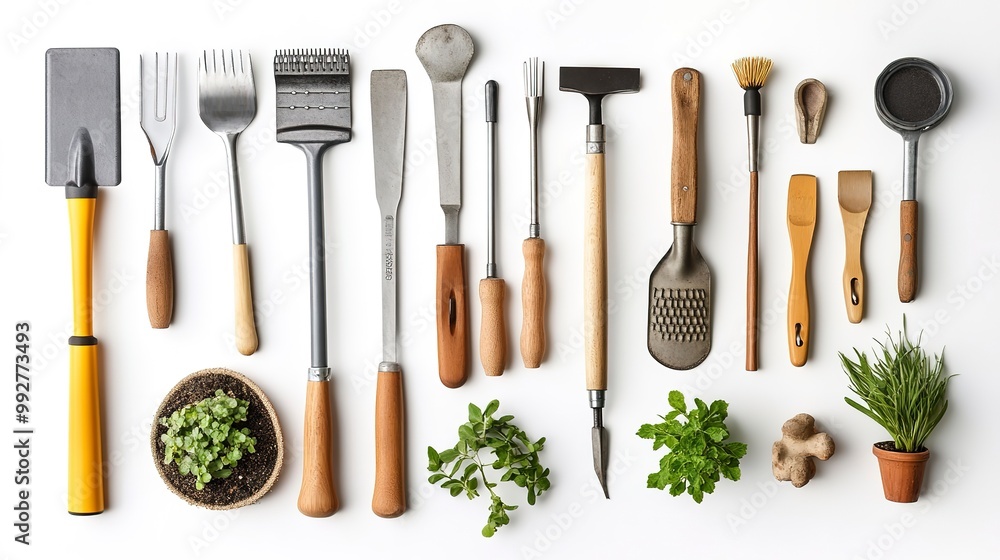 Sticker Assorted gardening tools on a white background, showcasing essential equipment for plant care  