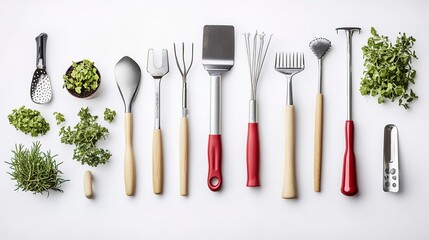 Assorted gardening tools on a white background, showcasing essential equipment for plant care  