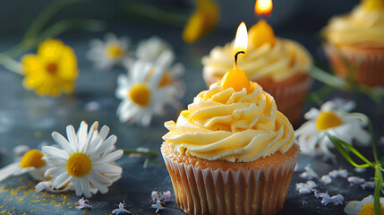 cupcake, birthday cake, Small bright yellow cupcakes decorated with burning candle and fresh chamomile.