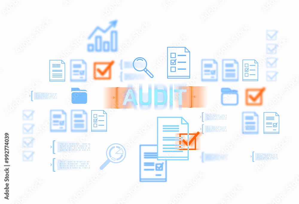 Poster digital icons of files, checkmarks, and graphs. isolated on white background., concept of audit and 
