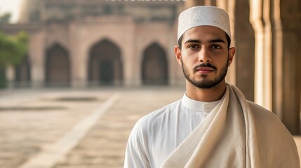 Fototapeta premium Portrait of a Young Sunni Muslim Cleric in Traditional Attire Standing Outdoors, India Setting