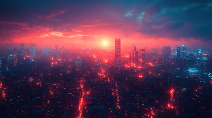 Obraz premium A cityscape of future cyber technology, showcasing 5G networks and the digital transformation of smart cities.