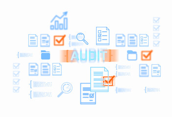 Digital icons of files, checkmarks, and graphs. Isolated on white background.,  Concept of audit and document management