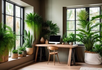 serene workspace design featuring laptop surrounded nature views lush greenery natural light, indoor, outdoor, environment, desk, chair, relaxation