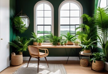 Fototapeta premium tranquil workspace nature inspired decor lush green plants creating serene inviting atmosphere productivity, greenery, design, environment, aesthetic