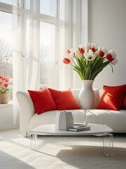 Naklejka premium modern living room decorated with yellow flowers , living room with white and red tone
