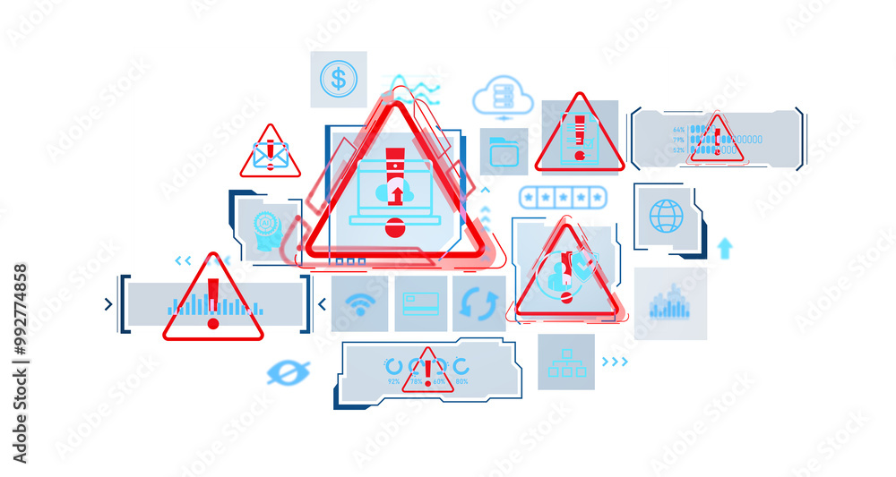Poster multiple red cybersecurity warning symbols on a futuristic digital interface, highlighting security 