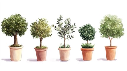 Fototapeta premium A digital illustration of six ornamental trees in terracotta pots against a white background 