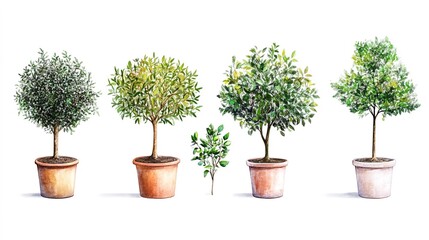 Fototapeta premium A digital illustration of six ornamental trees in terracotta pots against a white background 