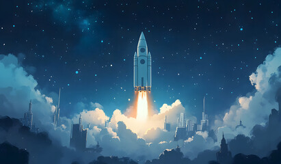 Rocket Launch at Dawn - City Skyline with Starry Night design