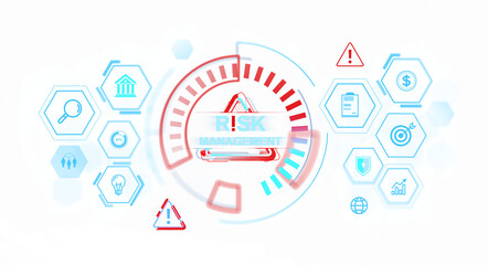 Digital interface displaying risk management icons, glowing blue and red,  Isolated on white background.. Concept of risk management
