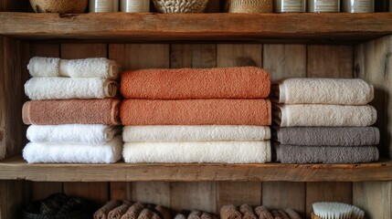 Neatly arranged towels in soft colors on a wooden shelf.