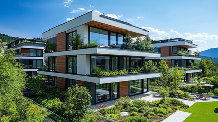 Modern Architecture with Lush Green Landscaping and Balcony Views