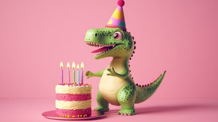 Cute green dino in a birthday hat holds a cake with candles on a pink background.