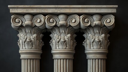 Decorative Greek columns from ancient Roman architecture. Corinthian pillars or wall ornaments in antiqued style. Carved marble construction decor. Stone parts of historical buildings.