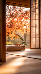 Naklejka premium Tranquil autumn afternoon in a modern room with shoji doors and warm sunlight illuminating nature outside