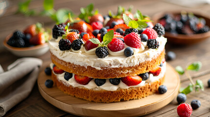 cupcakes with berries and mint, Homemade sponge cake with cream and fresh berries. Carrot and orange cake, decorated with berry. sweet dessert. Whole deliciouse cake.