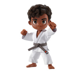 A young boy wearing a white karate uniform with a black belt, standing in a fighting pose.