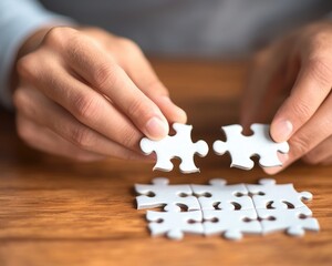 Hands assembling puzzle pieces on wooden table, white background