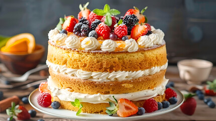 cake with berries, Homemade sponge cake with cream and fresh berries, Carrot and orange cake, decorated with berry, sweet dessert, Whole deliciouse cake, birthday cake